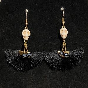 Vintage Black Fan Fringe Dangle Earrings With Dancing Skeleton Skulls